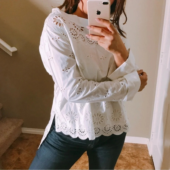 J. CREW Funnelneck Cotton Scalloped Edge Embroidered Tunic Shirt - Picture 3 of 13